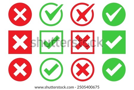 Check box tick mark icon set button correct right wrong buttons or yes or no checkmark red cross green tick vector illustration