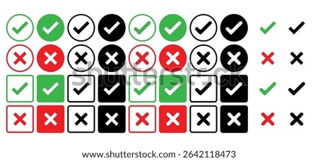Check box tick mark icon in red and black cross mark in red and black set button correct right wrong buttons or yes or no checkmark red cross green tick vector illustration, PNG transparent background
