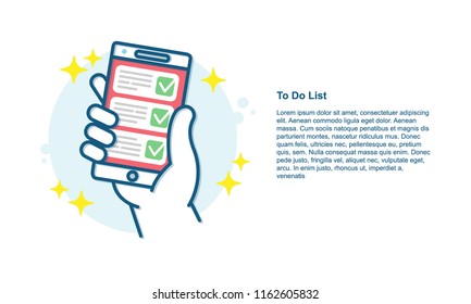 Check boxes on smartphone screen. Hand holding mobile. Concept for web sites and to do list