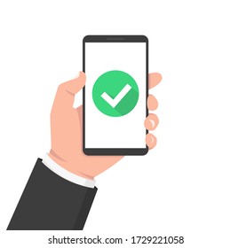 Check boxes on smartphone screen. Hand holding mobile. Vector illustration.