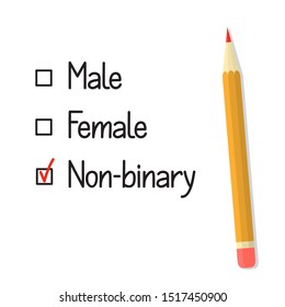 Check boxes with three gender options, red tick and pencil. Non binary gender identity concept