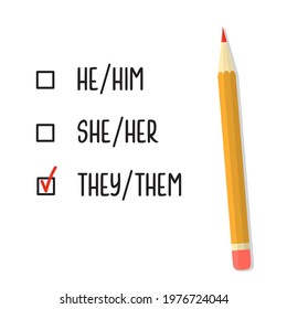 Check Boxes With Three Personal Gender Pronouns Options. Red Tick Against The Singular They Them. Non Binary And Gender Neutral Pronouns Concept