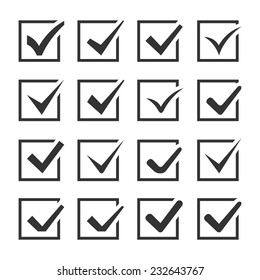 Check Boxes with Ticks. Set of Sixteen Icons. Vector.