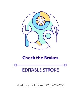 Check brakes concept icon. Mechanical device. Driving safety for commercial drivers abstract idea thin line illustration. Isolated outline drawing. Editable stroke. Arial, Myriad Pro-Bold fonts used