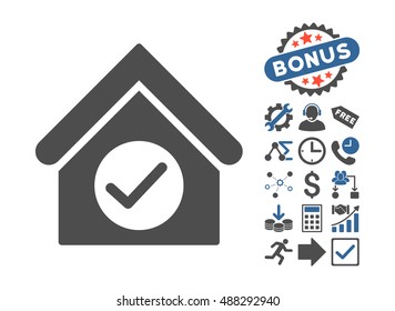 Check Building icon with bonus clip art. Vector illustration style is flat iconic bicolor symbols, cobalt and gray colors, white background.