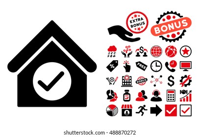 Check Building icon with bonus design elements. Vector illustration style is flat iconic bicolor symbols, intensive red and black colors, white background.