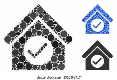 Check building mosaic for check building icon of circle elements in different sizes and color hues. Vector circle elements are combined into blue mosaic.