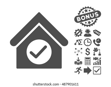 Check Building pictograph with bonus pictogram. Vector illustration style is flat iconic symbols, gray color, white background.