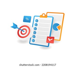 Check the business target plan in isometric flat illustration