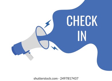 Check in button, banner, label, template for website. Check in text with colorful megaphone icon