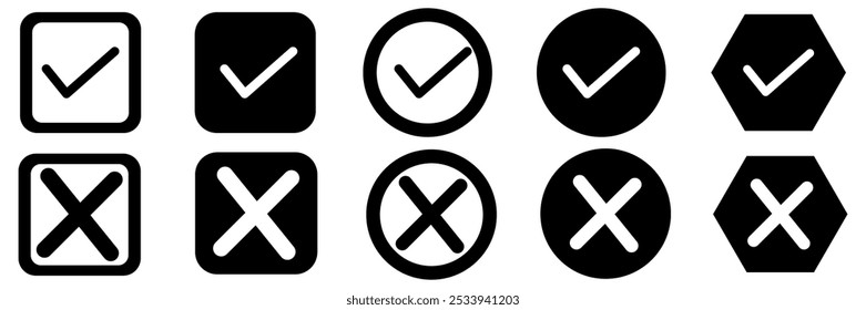 Botón de verificación. Una serie de casillas de verificación en blanco y negro con signos de sí y no. Vector sobre fondo transparente.