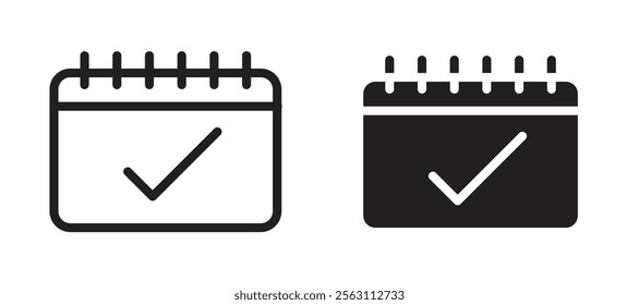 Check in calendar icons in black line and filled versions