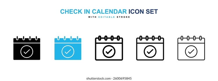 Check in calendar icons graphics set in black and blue colors