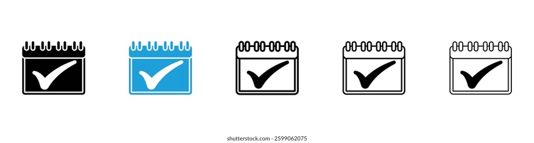 Check in calendar icons vector illustrations in black and blue colors for web and ui designs
