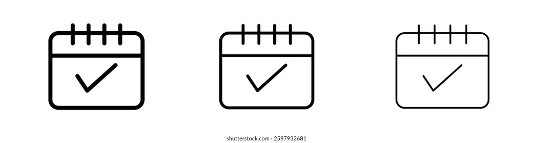Check in calendar thin line vector icon set.