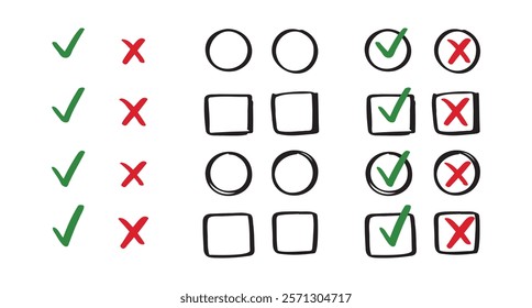 Check and cancel signs doodle icons. yes and no signs on circle and square hand drawn doodle signs. . Vector illustration
