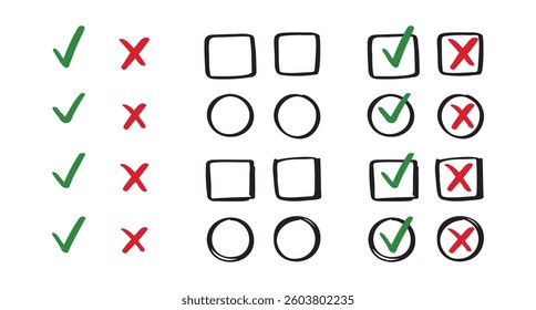 Check and cancel signs doodle icons. yes and no signs on circle and square hand drawn doodle signs. . Vector illustration