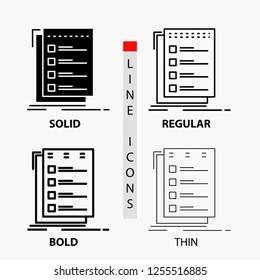 Check, checklist, list, task, to do Icon in Thin, Regular, Bold Line and Glyph Style. Vector illustration