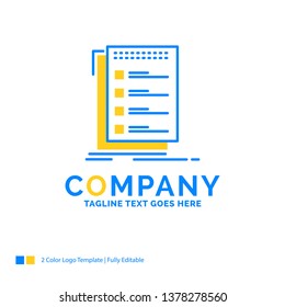 Check, checklist, list, task, to do Blue Yellow Business Logo template. Creative Design Template Place for Tagline.