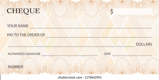 Check (cheque), Chequebook template. Guilloche pattern with abstract watermark. Background for banknote, money design, currency, bank note, Voucher, Gift certificate, Money coupon, ticket