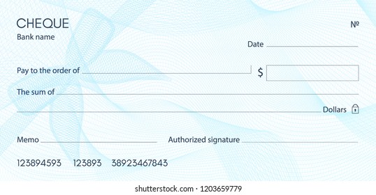 Check, Cheque (Chequebook template). Guilloche pattern with blue bow watermark. Background hi detailed for banknote, money design, currency, bank note, Voucher, Gift certificate, Money coupon
