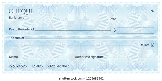 Check, Cheque (Chequebook template). Guilloche pattern with abstract floral watermark, border. Blue background for banknote, money design, currency, bank note, Voucher, Gift certificate, Money coupon
