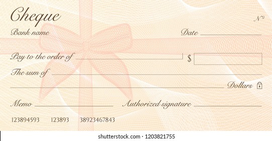 Check, Cheque (Chequebook template). Guilloche pattern with red bow watermark. Background hi detailed for banknote, money design, currency, bank note, Voucher, Gift certificate, Money coupon