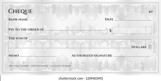 Check, Cheque (Chequebook template). Guilloche pattern with abstract floral watermark, border. Silver background for banknote, money design,currency, bank note, Voucher, Gift certificate, Money coupon