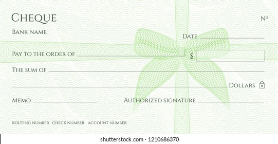 Check, Cheque (Chequebook template). Guilloche pattern with green bow (ribbon) watermark. Background hi detailed for banknote, money design,currency, bank note, Voucher, Gift certificate, Money coupon