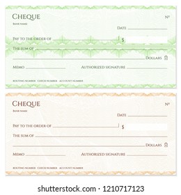 Check, Cheque (Chequebook template). Guilloche pattern with green abstract floral watermark, border. Background for banknote, money design,currency, bank note, Voucher, Gift certificate, Money coupon