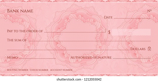 Check, Cheque (Chequebook template). Guilloche pattern with abstract floral watermark, border. Red background for banknote, money design,currency, bank note, Voucher, Gift certificate, Money coupon