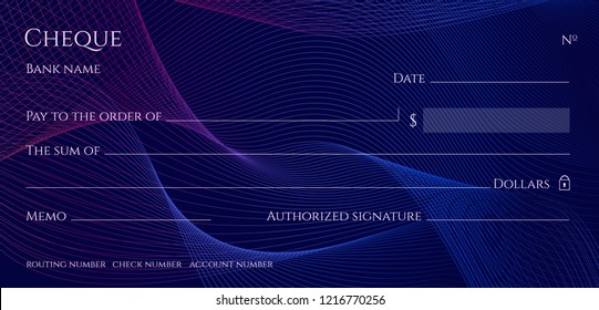 Check, Cheque (Chequebook template). Guilloche pattern with abstract line watermark. Dark blue background  for banknote, money design, currency, bank note, Voucher, Gift certificate, Money coupon