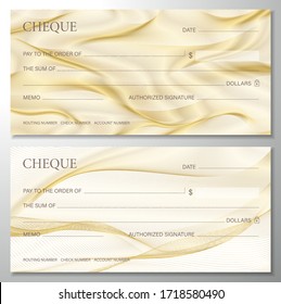 Check, Cheque (Chequebook template). Guilloche pattern with abstract line gold watermark. Golden background for banknote, money design, currency, bank note, Voucher, Gift certificate, coupon
