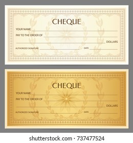 Check (cheque), Chequebook template. Guilloche pattern with watermark, spirograph. Background for banknote, money design, currency, bank note, Voucher, Gift certificate, Coupon, ticket