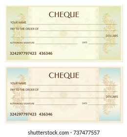 Check (cheque), Chequebook template. Guilloche pattern with watermark, spirograph. Background for banknote, money design, currency, bank note, Voucher, Gift certificate, Coupon, ticket