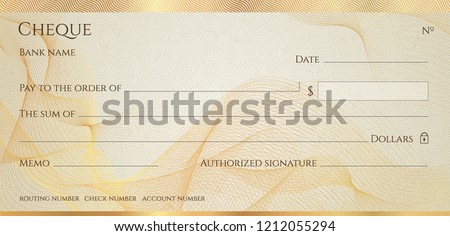 Check, Cheque (Chequebook template). Guilloche pattern with abstract line  watermark, border. Gold background for banknote, money design,currency, bank note, Voucher, Gift certificate, Money coupon