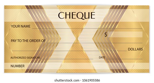 Check (cheque), Golden Chequebook template. Abstract pattern with watermark fine lines. Background for banknote, money design, currency, bank note, Voucher, Gift certificate, Coupon, ticket
