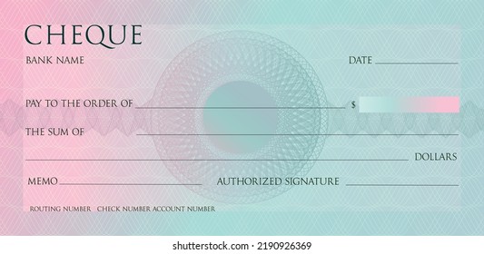 Check for Chequebook template. Lines pattern with watermark lines. Gradient background for ticket, Voucher, Gift certificate, Coupon, banknote, currency, bank note. Premium cheque vector design.