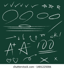 A check or circle of various shapes drawn with colored pencils.
