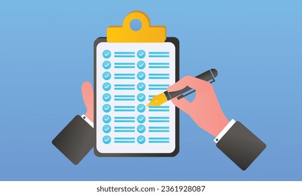 Check Clipboard with a checkmark. checklist survey concept.on blue background.Vector Design Illustration.