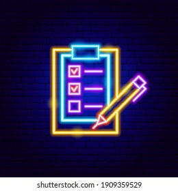 Überprüfen Sie die Zwischenablage Neon Sign. Vektorgrafik der Dokumentwerbung.