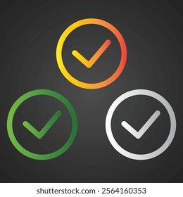 Check in colorful icons, symbols, modern signs, linear pictograms, vector art