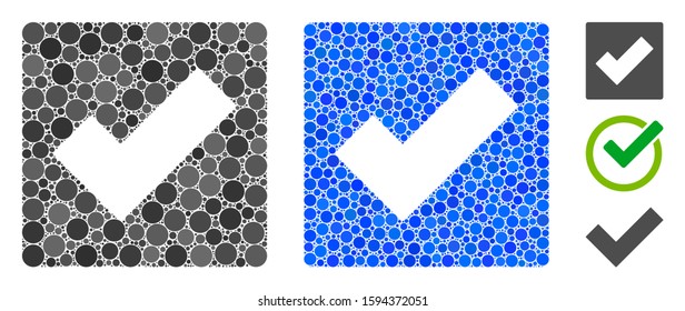 Check composition of round dots in various sizes and color tones, based on check icon. Vector round dots are organized into blue mosaic. Dotted check icon in usual and blue versions.