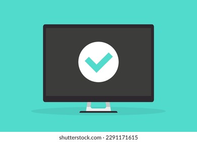 Check in computer monitor in a flat design. Accept operation in computer screen