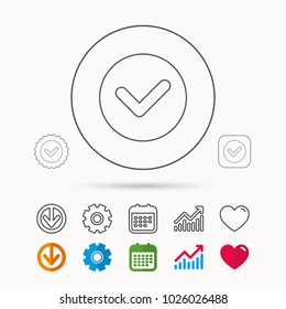 Check confirm icon. Tick in circle sign. Calendar, Graph chart and Cogwheel signs. Download and Heart love linear web icons. Vector