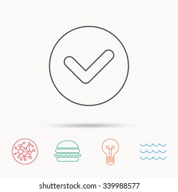 Check confirm icon. Tick in circle sign. Global connect network, ocean wave and burger icons. Lightbulb lamp symbol.