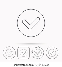 Check confirm icon. Tick in circle sign. Linear circle, square and star buttons with icons.