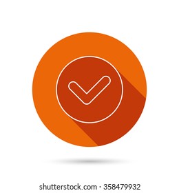 Check confirm icon. Tick in circle sign. Round orange web button with shadow.