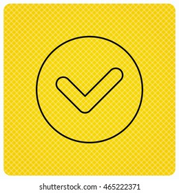 Check confirm icon. Tick in circle sign. Linear icon on orange background. Vector