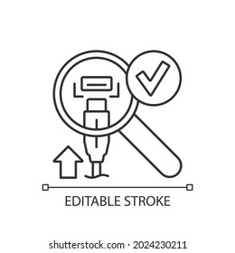 Compruebe si el conector y el puerto coinciden con el icono de etiqueta manual lineal. Ilustración personalizable de línea delgada. Símbolo de contorno. Dibujo de contorno aislado de vectores para instrucciones de uso del producto. Trazo editable